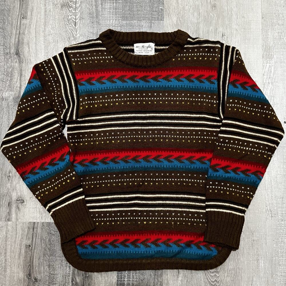 VTG 70s/80s Brown Aztec Acrylic Knit Colorful Striped Womens Pullover Sweater